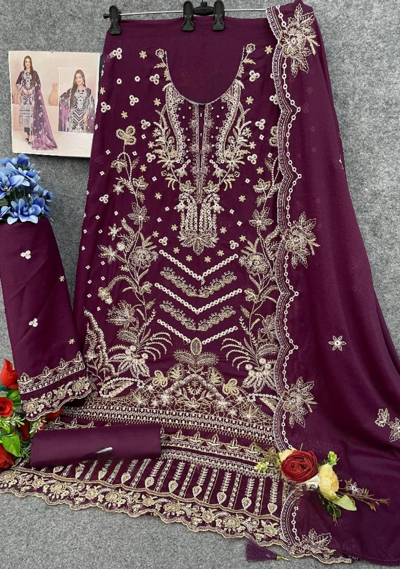Purple Embroidered Georgette Pakistani Suit Set - Indya