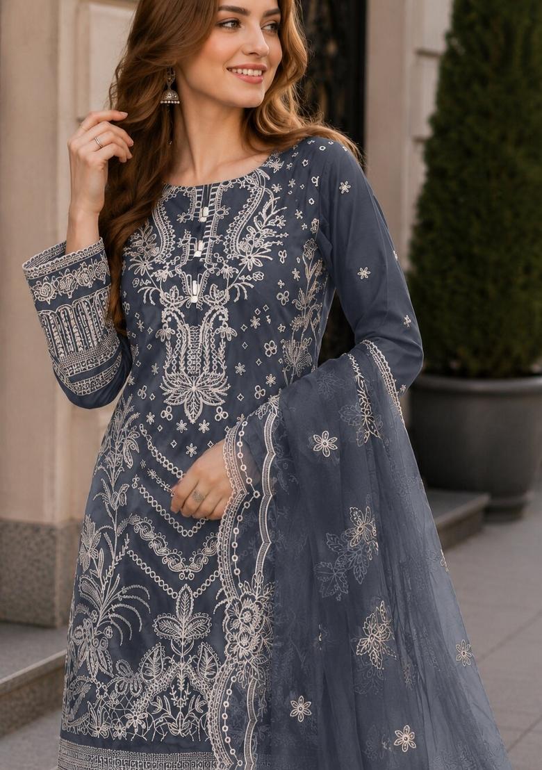 Grey Embroidered Georgette Pakistani Suit Set - Indya