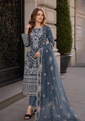 Teal Blue Embroidered Georgette Pakistani Suit Set