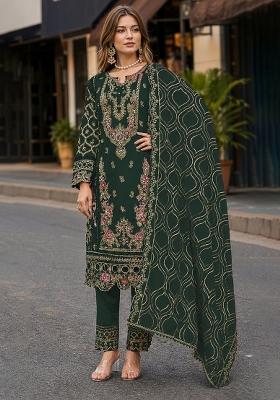 Dark Green Embroidered Georgette Pakistani Suit Set