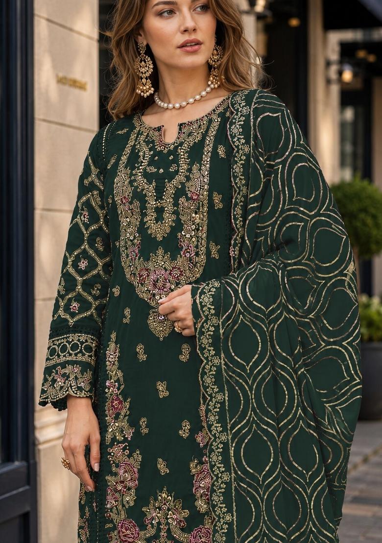 Dark Green Embroidered Georgette Pakistani Suit Set - Indya