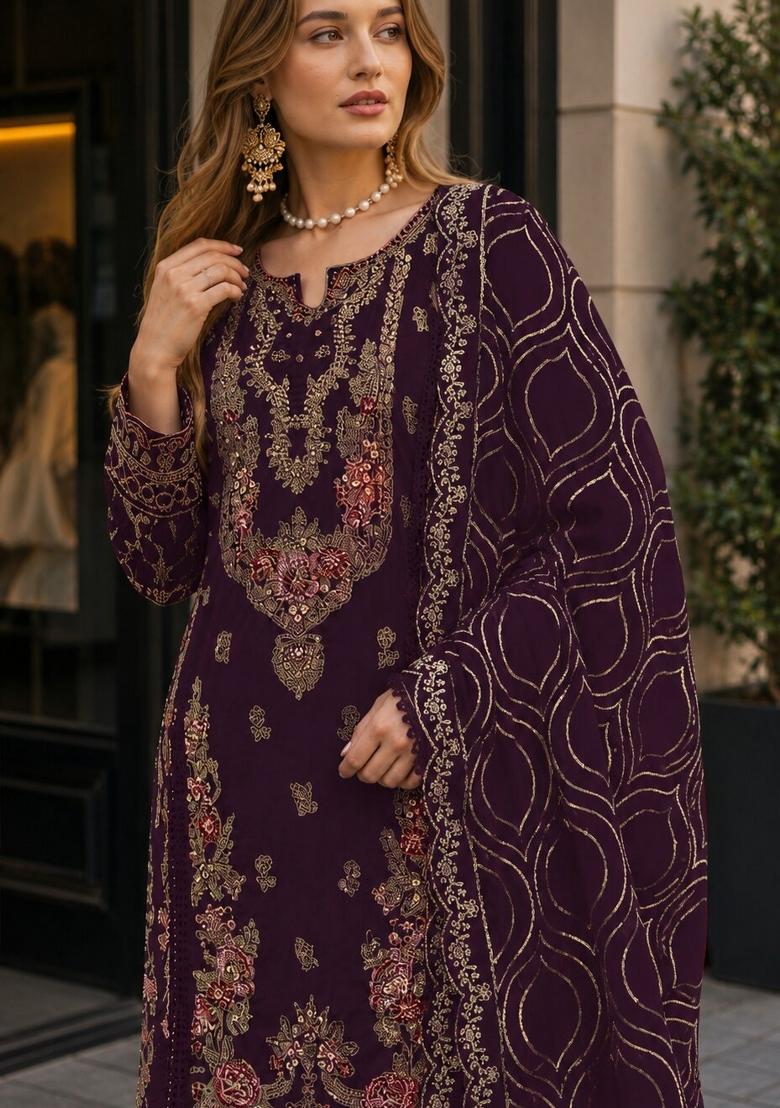 Purple Embroidered Georgette Pakistani Suit Set - Indya