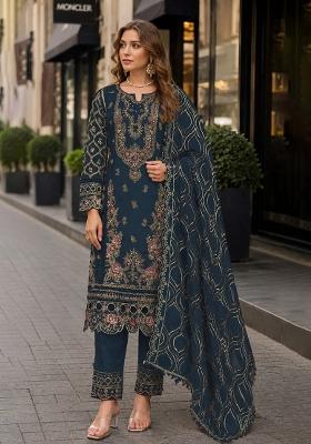 Navy Blue Embroidered Georgette Pakistani Suit Set