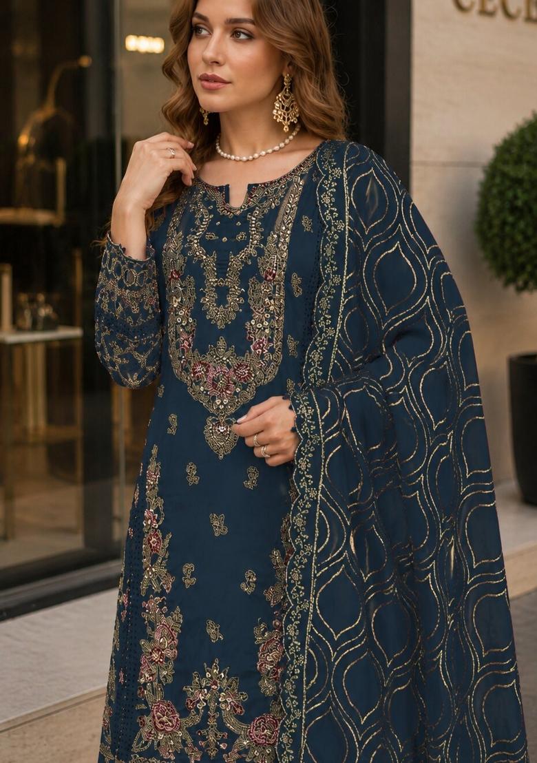 Navy Blue Embroidered Georgette Pakistani Suit Set - Indya