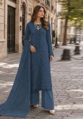 Blue Embroidered Georgette Pakistani Suit Set
