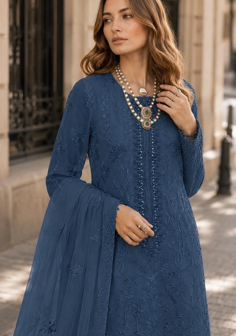 Blue Embroidered Georgette Pakistani Suit Set - Indya