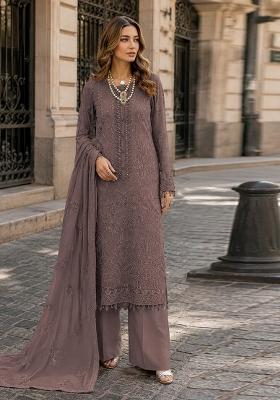 Brown Embroidered Georgette Pakistani Suit Set