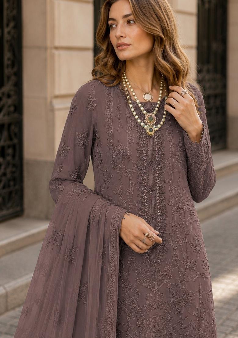 Brown Embroidered Georgette Pakistani Suit Set - Indya