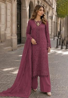 Maroon Embroidered Georgette Pakistani Suit Set