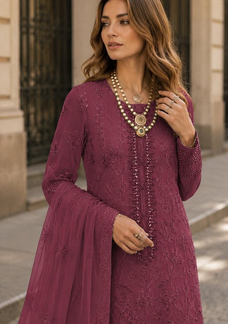 Maroon Embroidered Georgette Pakistani Suit Set - Indya