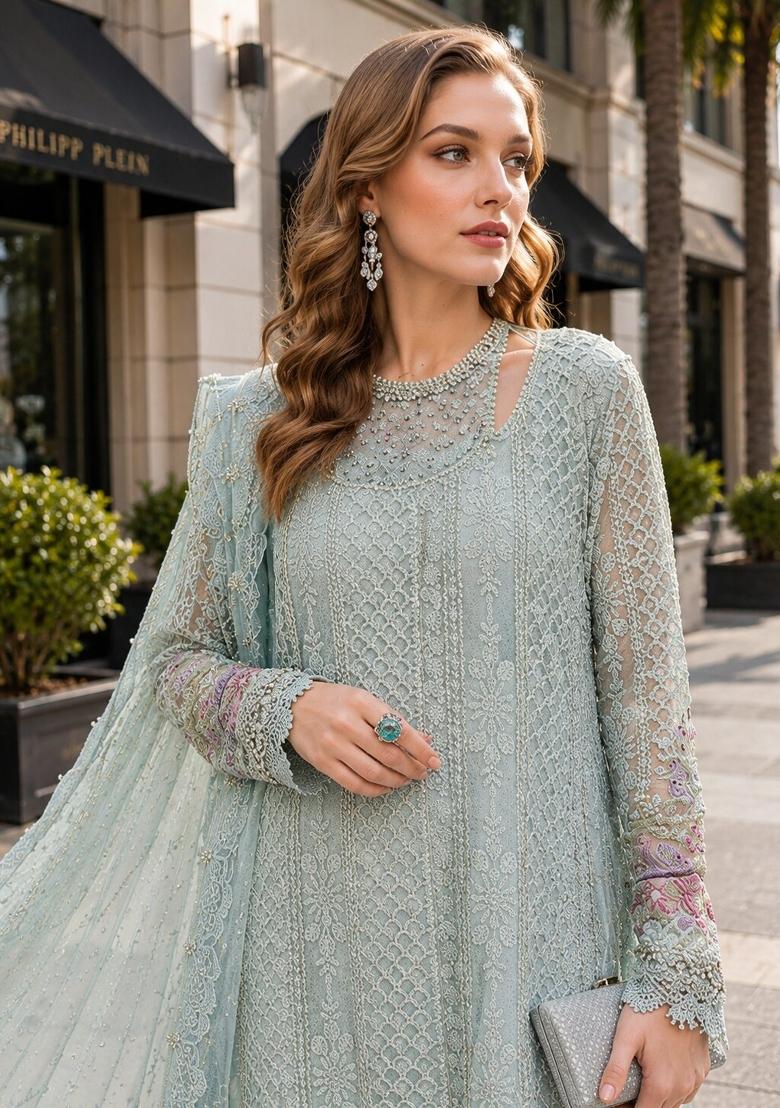 Sea Green Embroidered Georgette Kurta Set - Indya