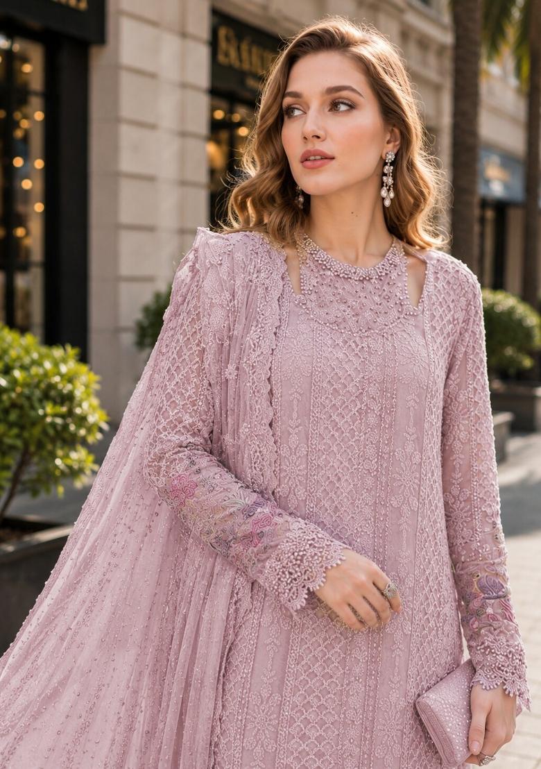 Pink Embroidered Georgette Kurta Set - Indya