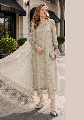 Cream Embroidered Georgette Kurta Set