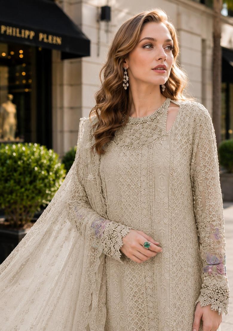 Cream Embroidered Georgette Kurta Set - Indya