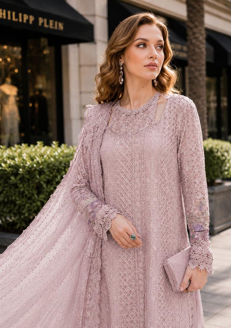 Peach Embroidered Georgette Kurta Set - Indya