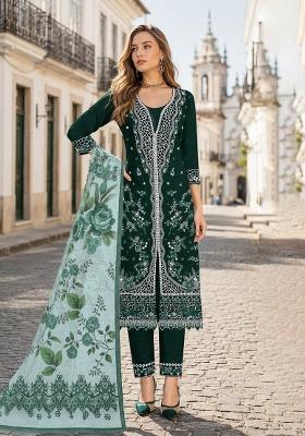 Dark Green Embroidered Cotton Kurta Set