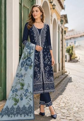 Navy Blue Embroidered Cotton Kurta Set