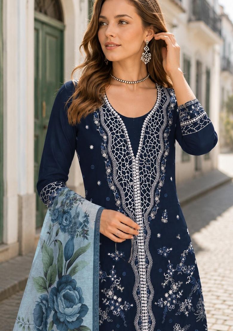 Navy Blue Embroidered Cotton Kurta Set - Indya