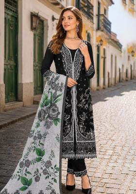 Black Embroidered Cotton Kurta Set