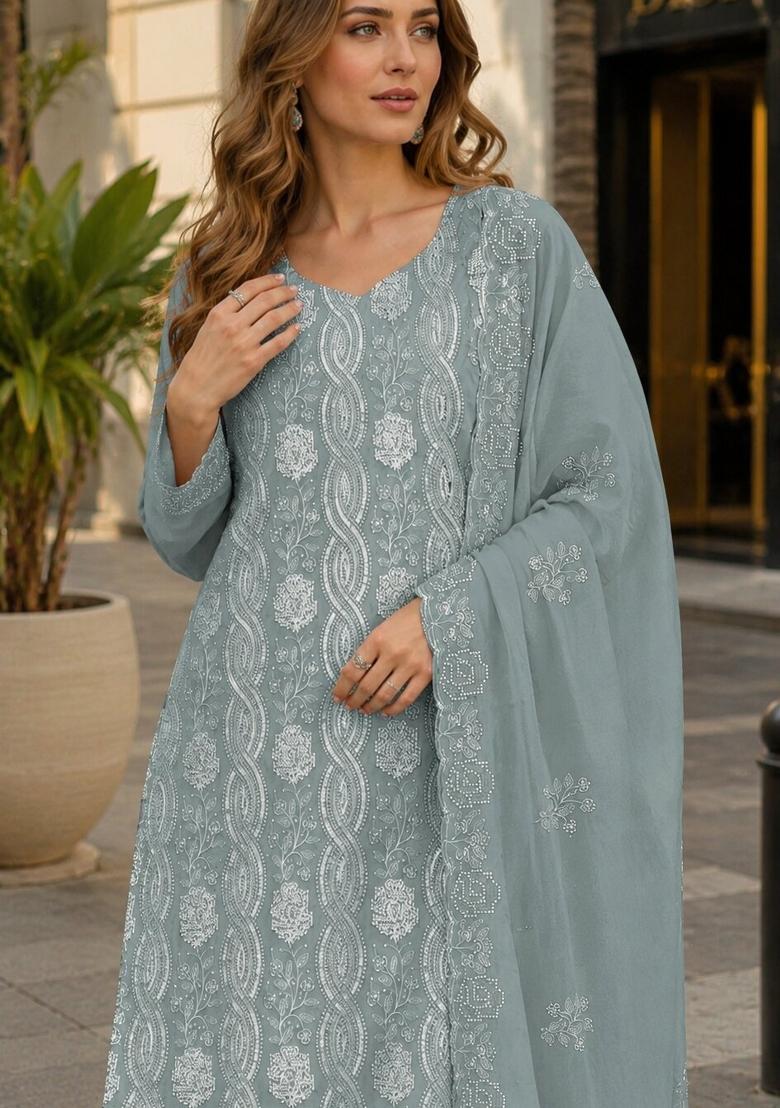 Sea Green Embroidered Georgette Kurta Set - Indya