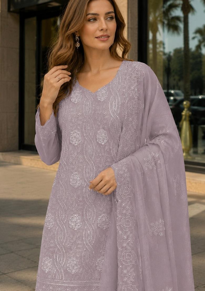 Lavender Embroidered Georgette Kurta Set - Indya