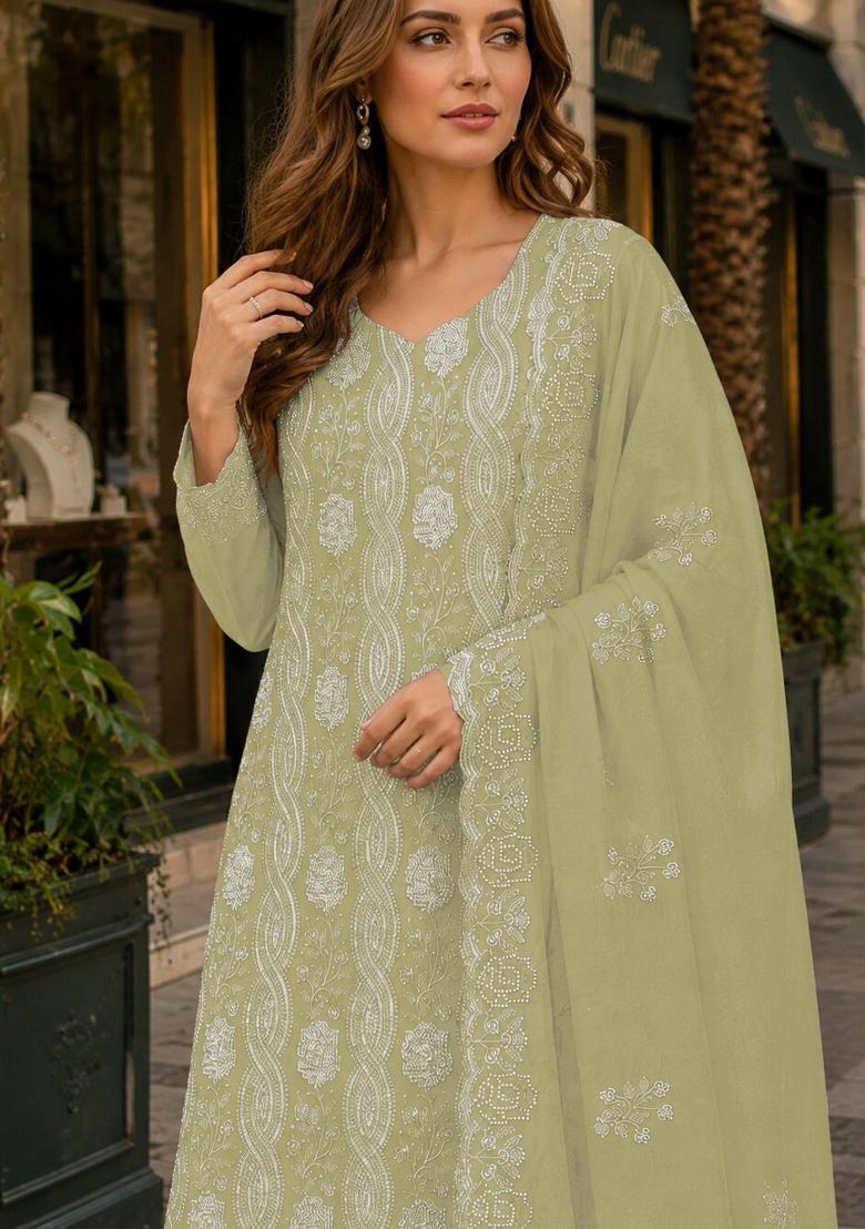 Green Embroidered Georgette Kurta Set - Indya