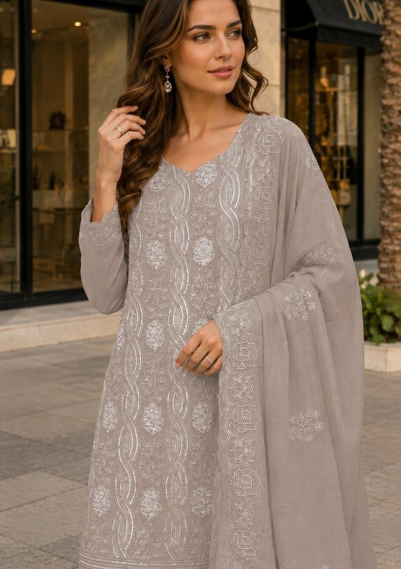 Chiku Embroidered Georgette Kurta Set - Indya