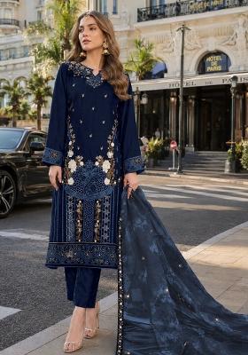 Navy Blue Embroidered Velvet Pakistani Suit Set