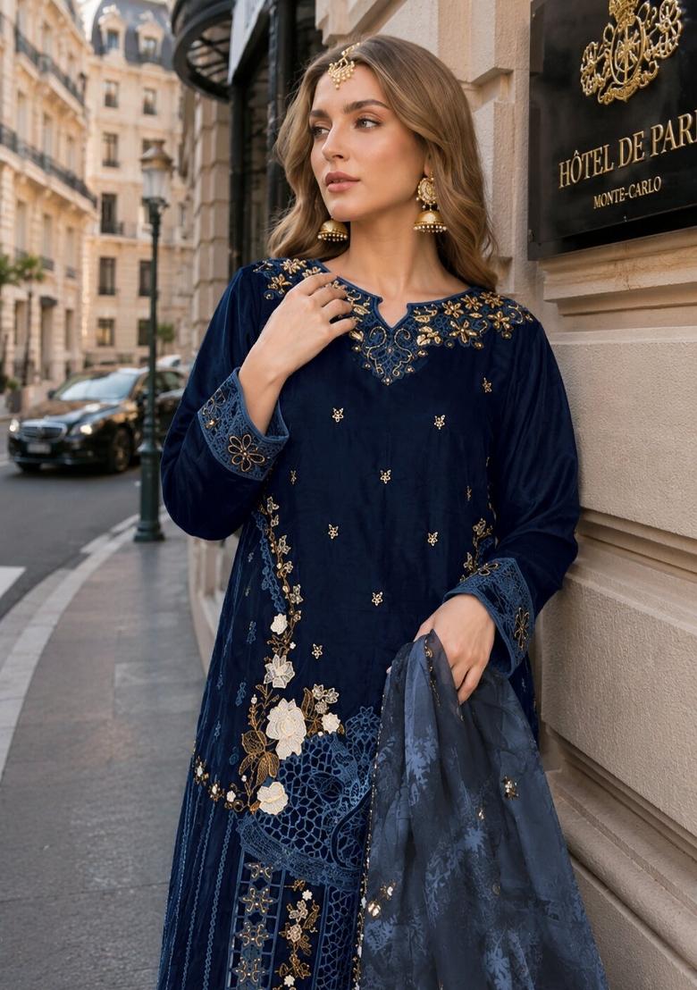 Navy Blue Embroidered Velvet Pakistani Suit Set - Indya