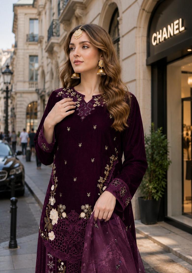 Purple Embroidered Velvet Pakistani Suit Set - Indya
