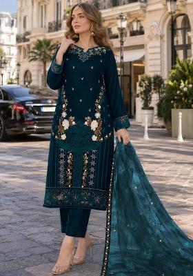 Green Embroidered Velvet Pakistani Suit Set