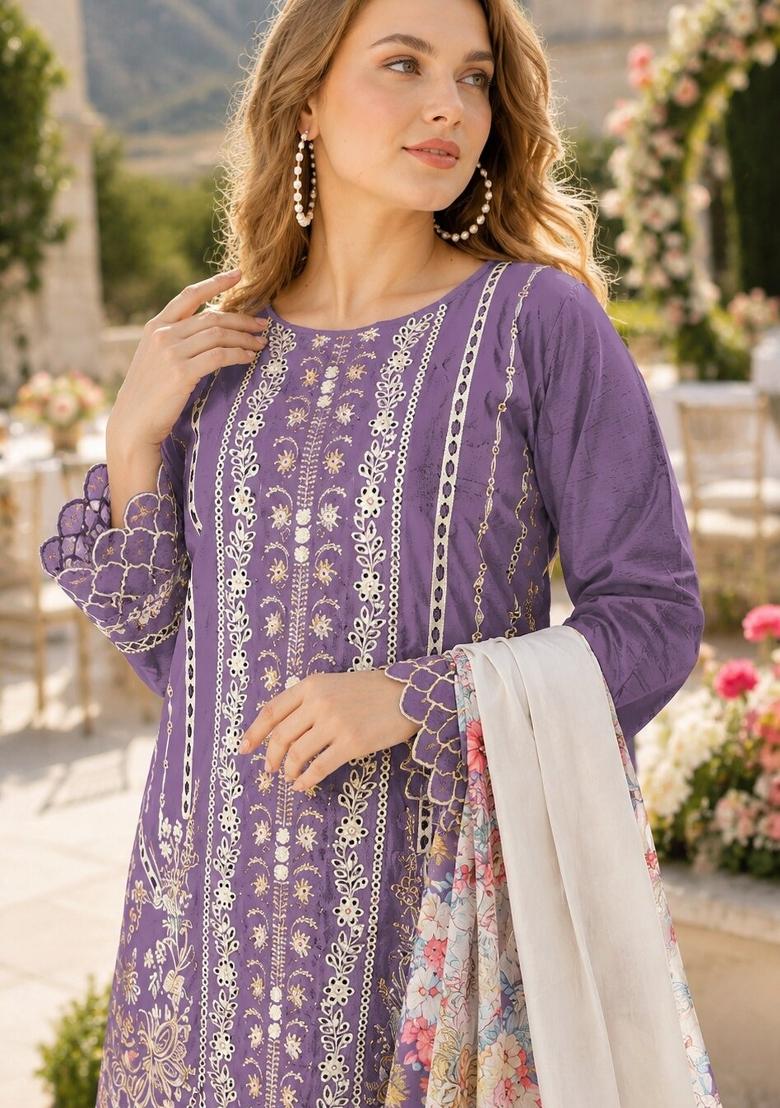 Purple Embroidered Cambric Kurta Set - Indya