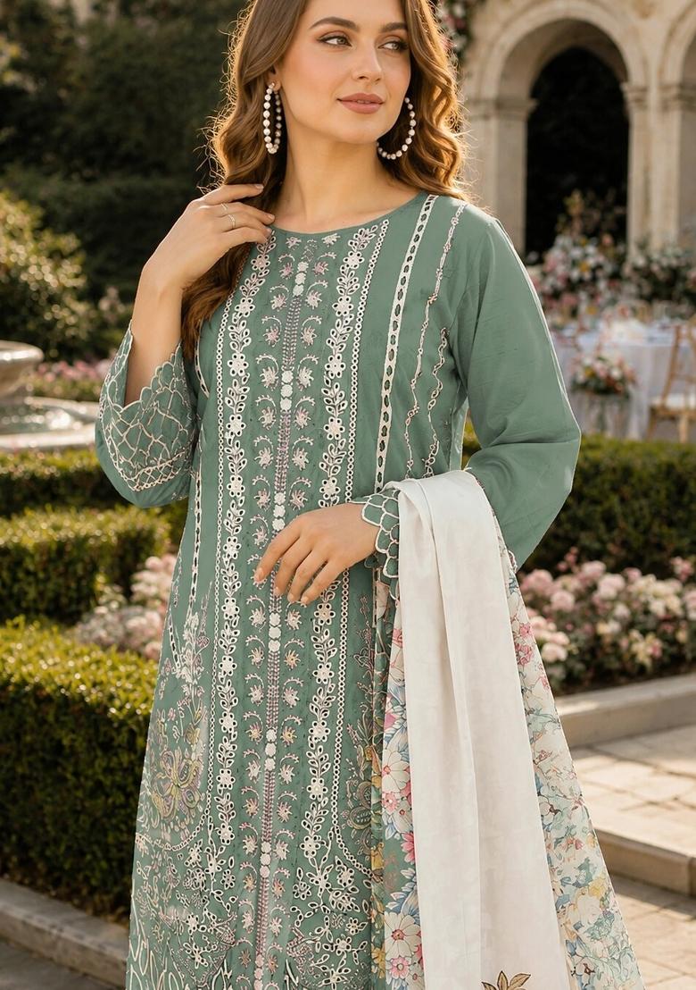 Sea Green Embroidered Cambric Kurta Set - Indya
