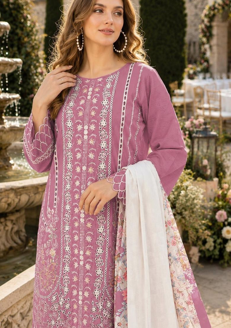 Pink Embroidered Cambric Kurta Set - Indya