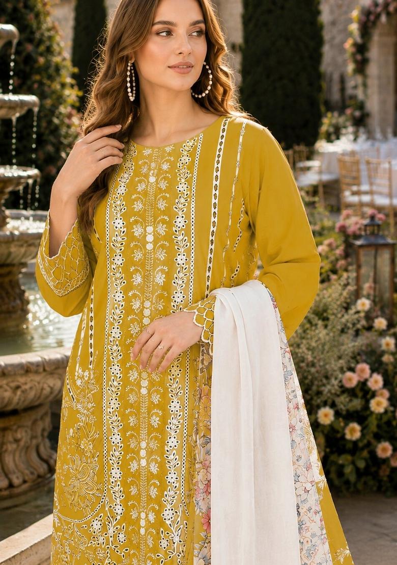 Yellow Embroidered Cambric Kurta Set - Indya