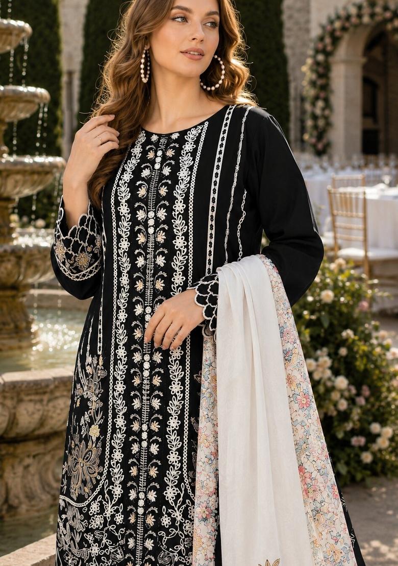 Black Embroidered Cambric Kurta Set - Indya