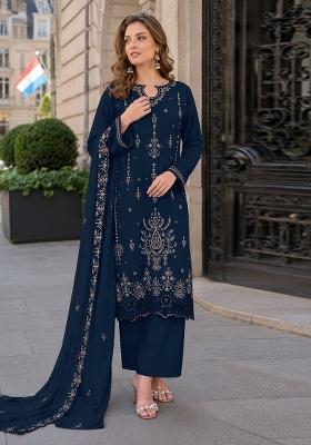 Navy Blue Embroidered Velvet Pakistani Suit Set