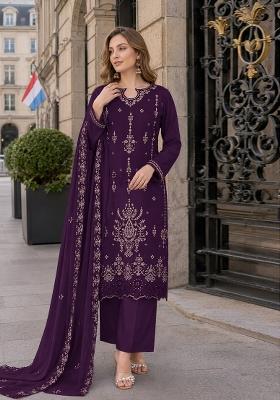 Purple Embroidered Velvet Pakistani Suit Set