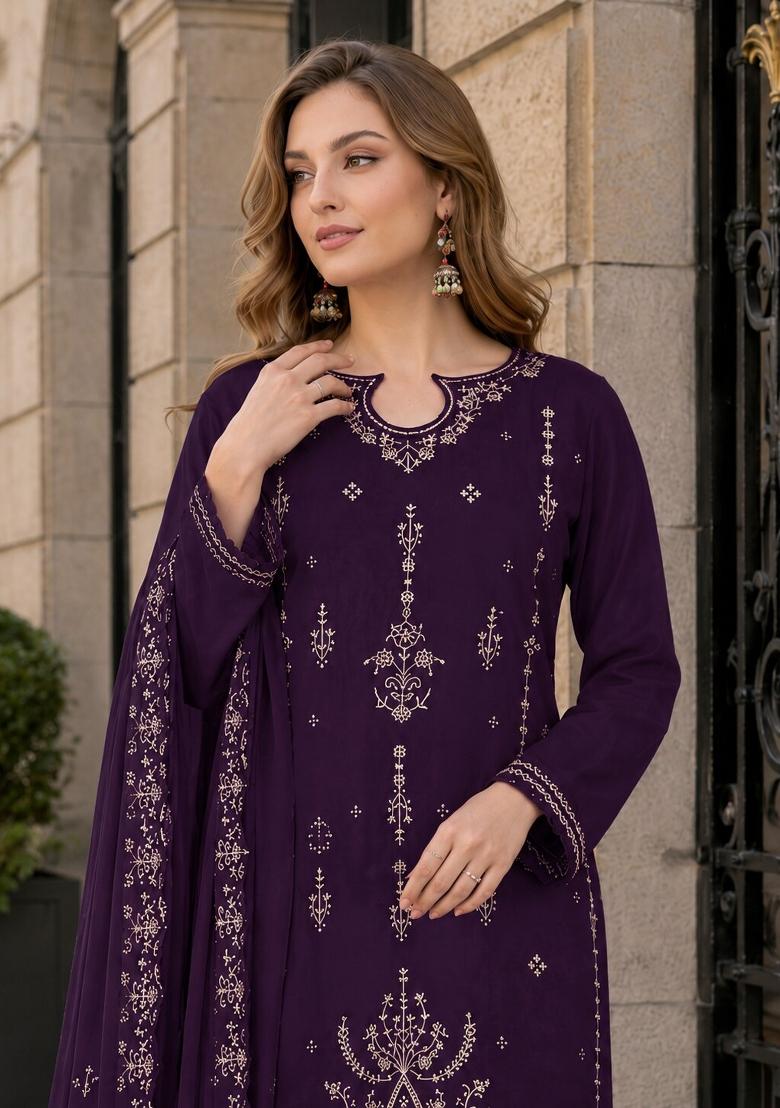 Purple Embroidered Velvet Pakistani Suit Set - Indya