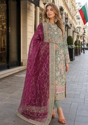 Green Embroidered Chiffon Kurta Set