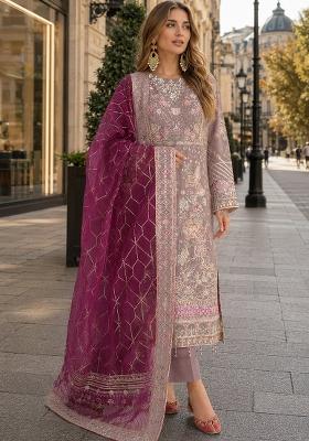 Brown Embroidered Chiffon Kurta Set