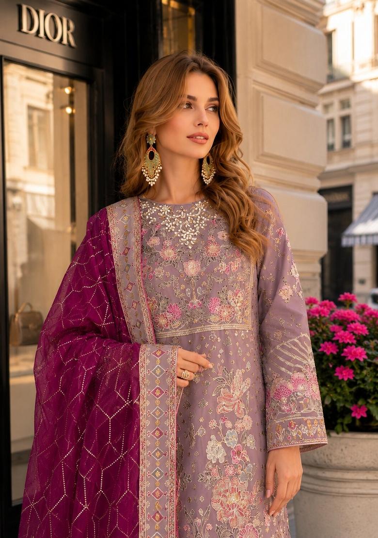 Brown Embroidered Chiffon Kurta Set - Indya