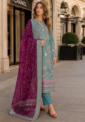 Blue Embroidered Chiffon Kurta Set