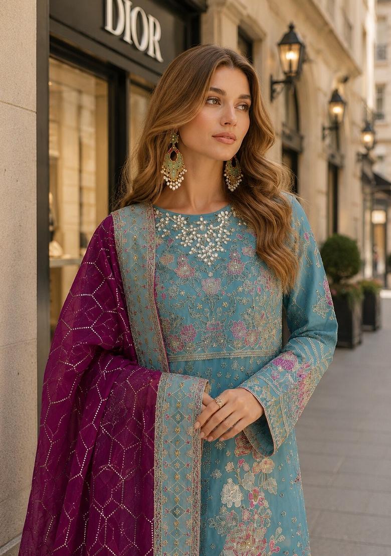 Blue Embroidered Chiffon Kurta Set - Indya