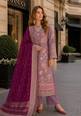 Purple Embroidered Chiffon Kurta Set