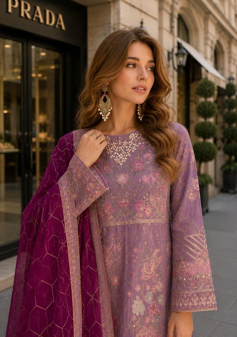 Purple Embroidered Chiffon Kurta Set - Indya