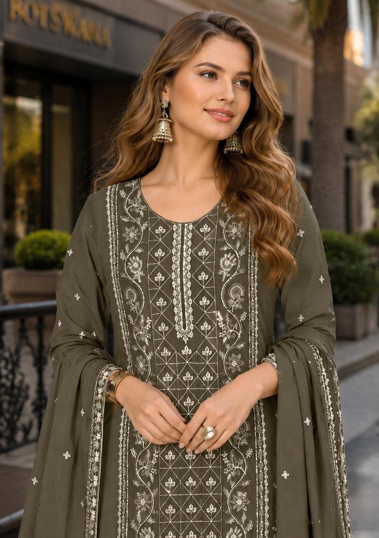 Mehendi Embroidered Silk Kurta Set - Indya