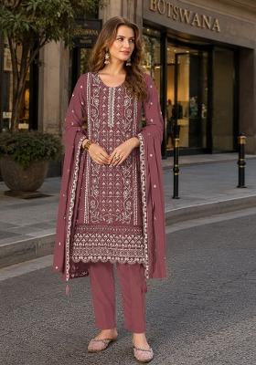Peach Embroidered Silk Kurta Set