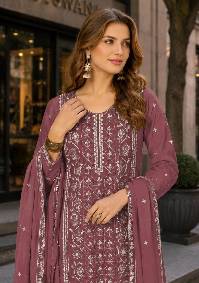 Peach Embroidered Silk Kurta Set - Indya