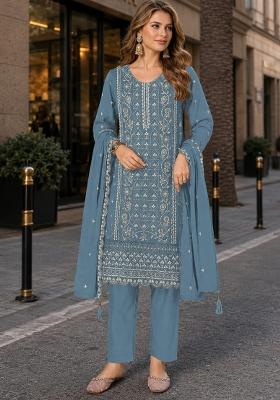 Blue Embroidered Silk Kurta Set
